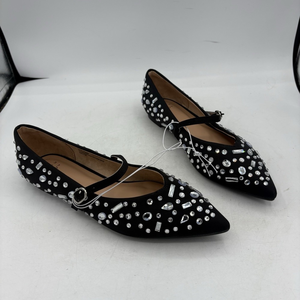 A New Day Shoes Womens 10 Gabriella Black Rhinestone Mary Jane Point Toe Flat